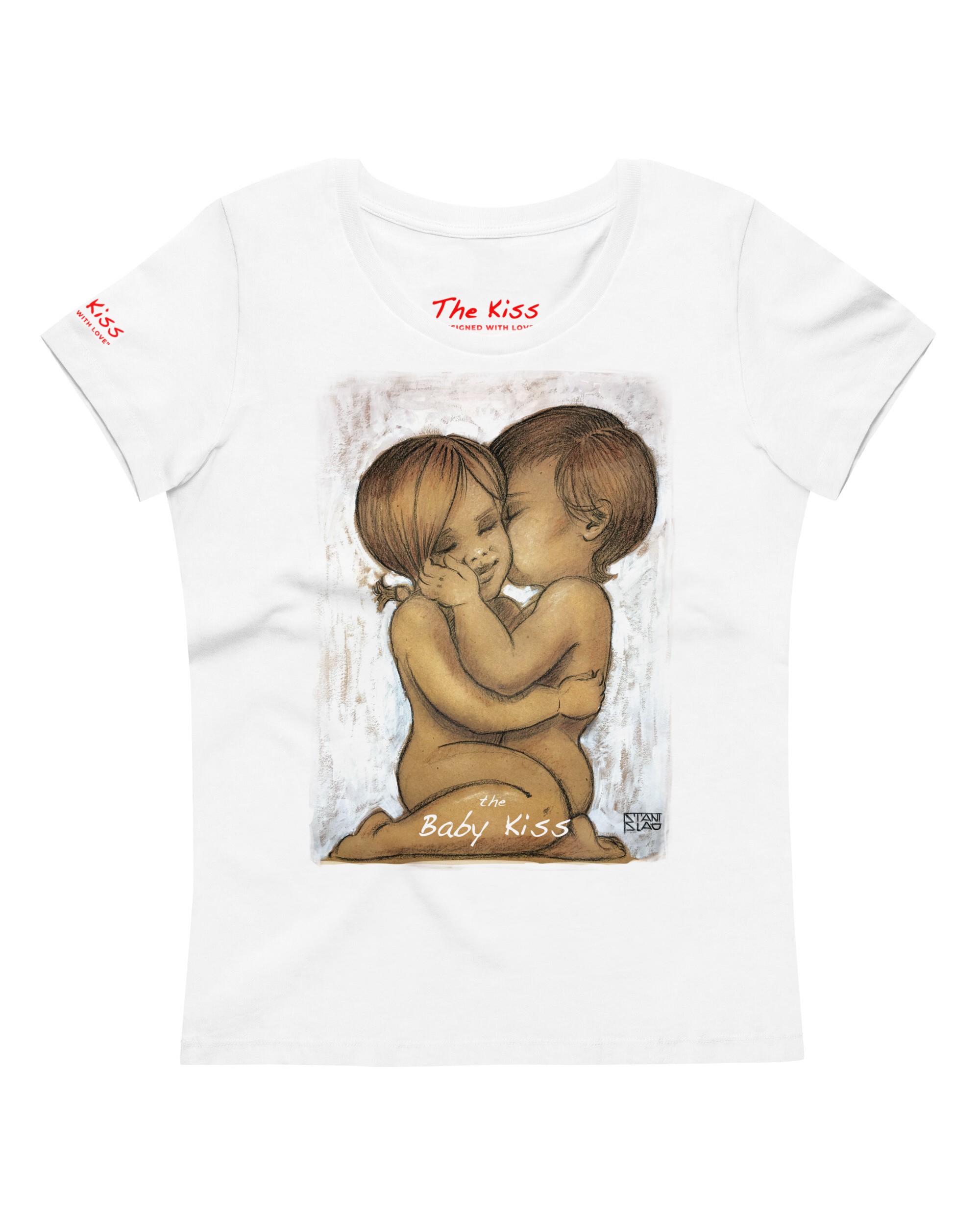 The Baby Kiss unisex art t‑shirt on organic cotton — white